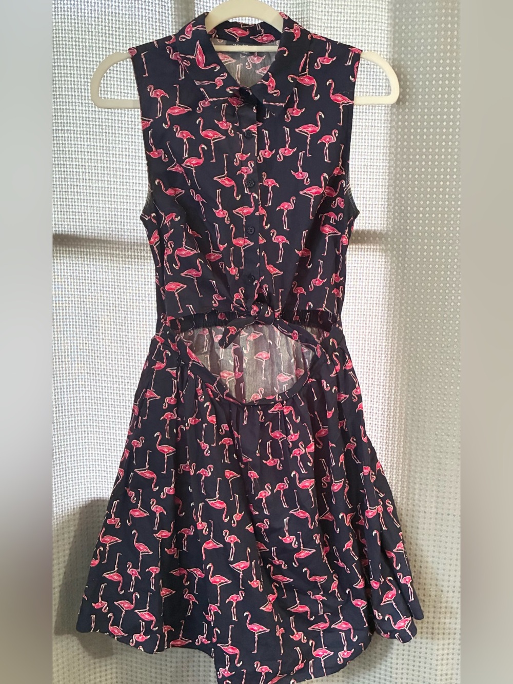 ModCloth Flamingo Novelty Dress Sz S Cut Out Knot Waist Button Up Party Clubs